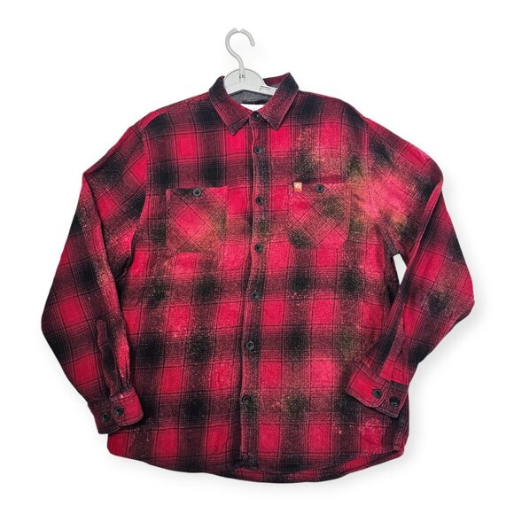 Lemon Aid Red & Black Distressed Plaid Button-Up Shirt Large Pockets - Picture 1 of 10